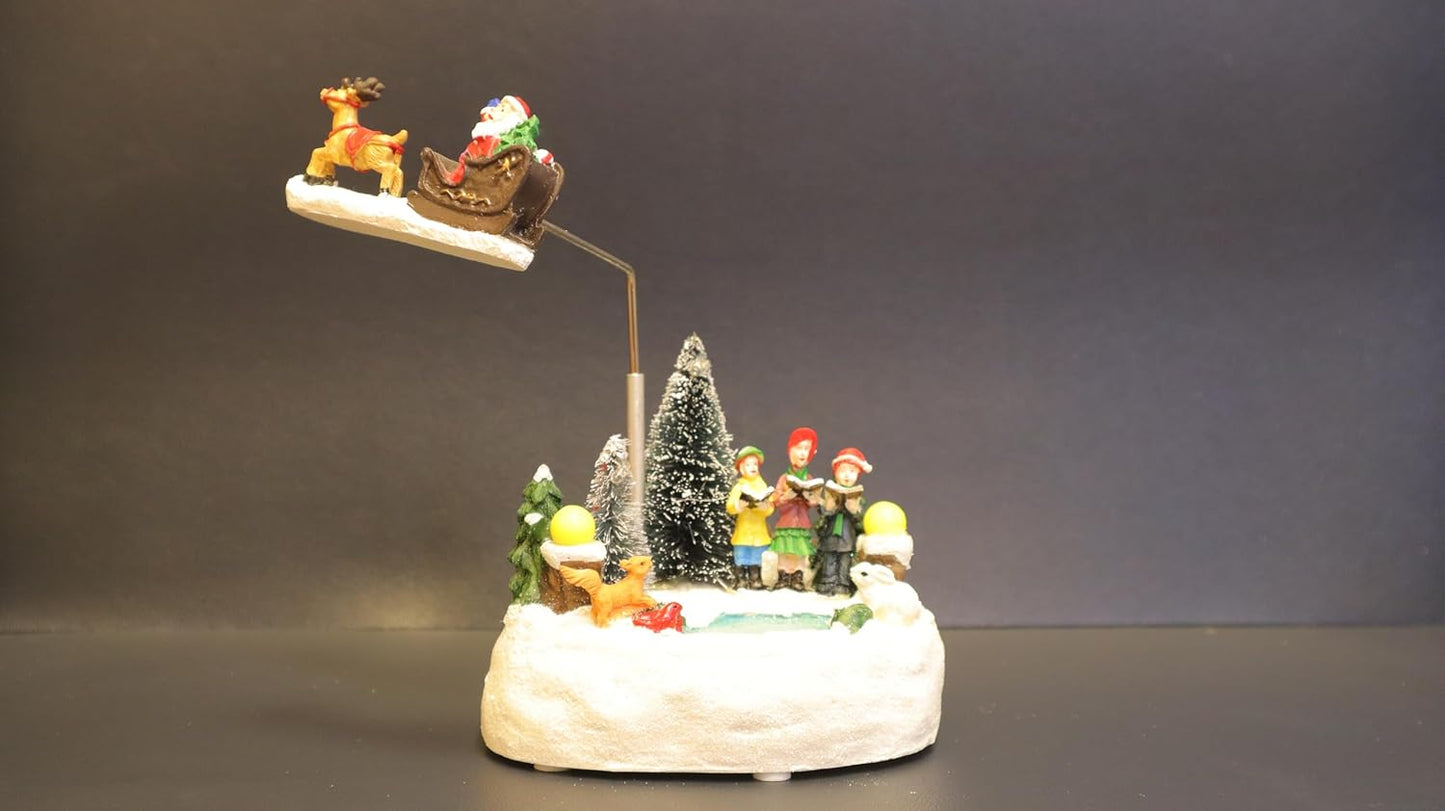 Animated Christmas Village Scene with Flying Santa Sleigh, Musical LED Winter Wonderland Decoration, Snow Base with Figurines, 13 x 11 x 20 cm