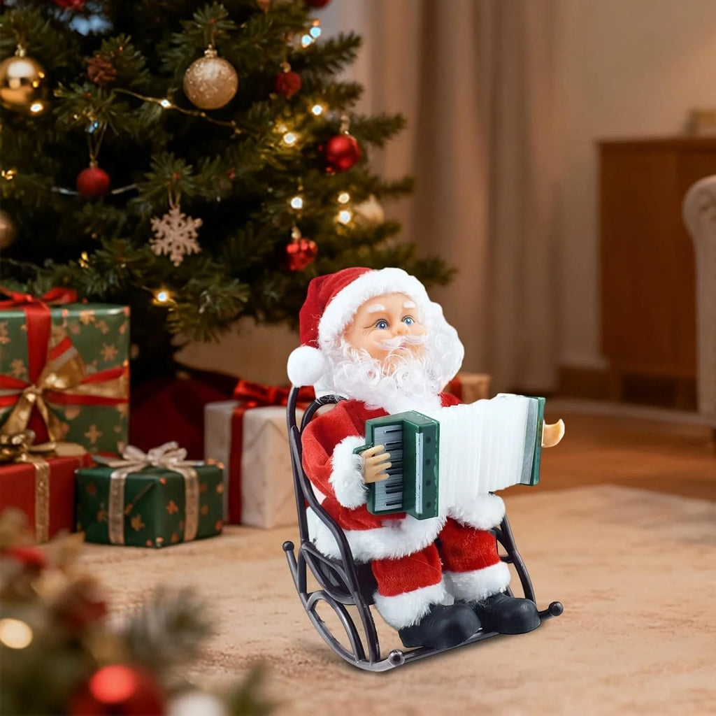 Musical Accordion Santa Claus Figurine, Christmas Decoration, Red and White, Plastic and Fabric, 24Cms, Rocking Chair Design, Plays Christmas Music
