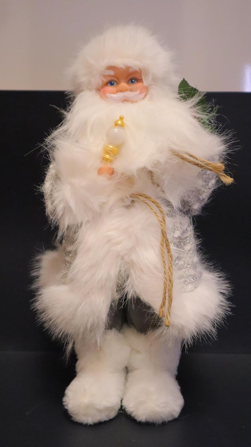 Decorative White Plush Santa Claus Christmas Figure, Standing Display Doll with Staff, 38 cm x 11.5 cm, Holiday Home Decor