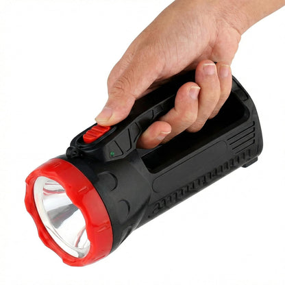 Portable LED Searchlight, Rechargeable High-Intensity Flashlight with Handle, Black and Red, Emergency Camping Work Light