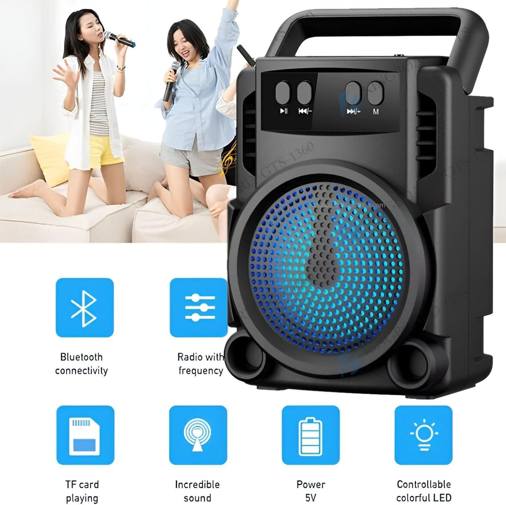Portable Bluetooth Speaker with LED Lights, Wireless Speaker with USB, TF Card, AUX Input, FM Radio, Rechargeable Battery, Carry Handle and Phone Holder, 3W Sound Output
