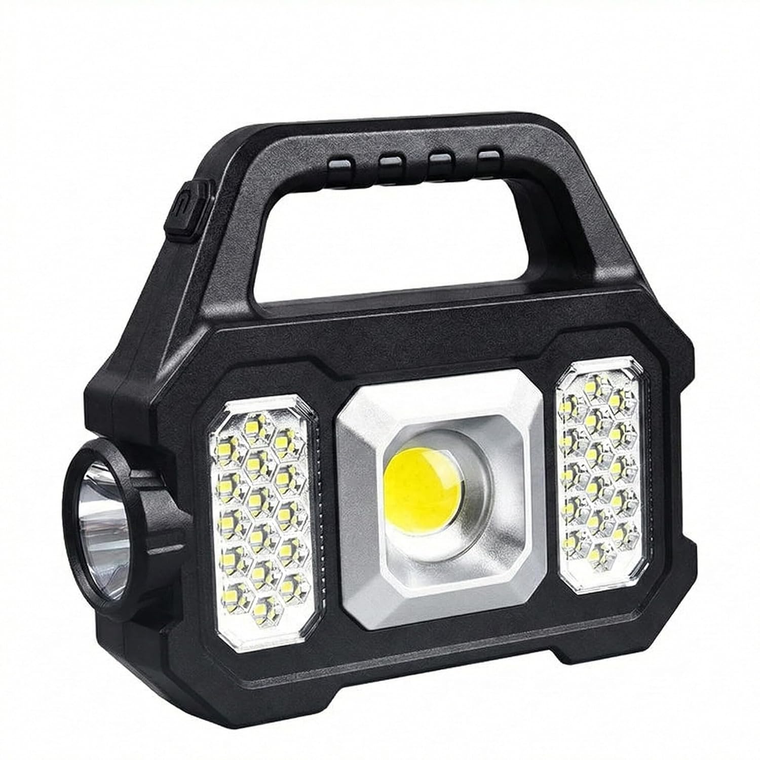Multifunctional Portable LED Work Light with Solar Panel, Rechargeable Floodlight, Side Lights, Flashlight, USB Charging Ports, Black