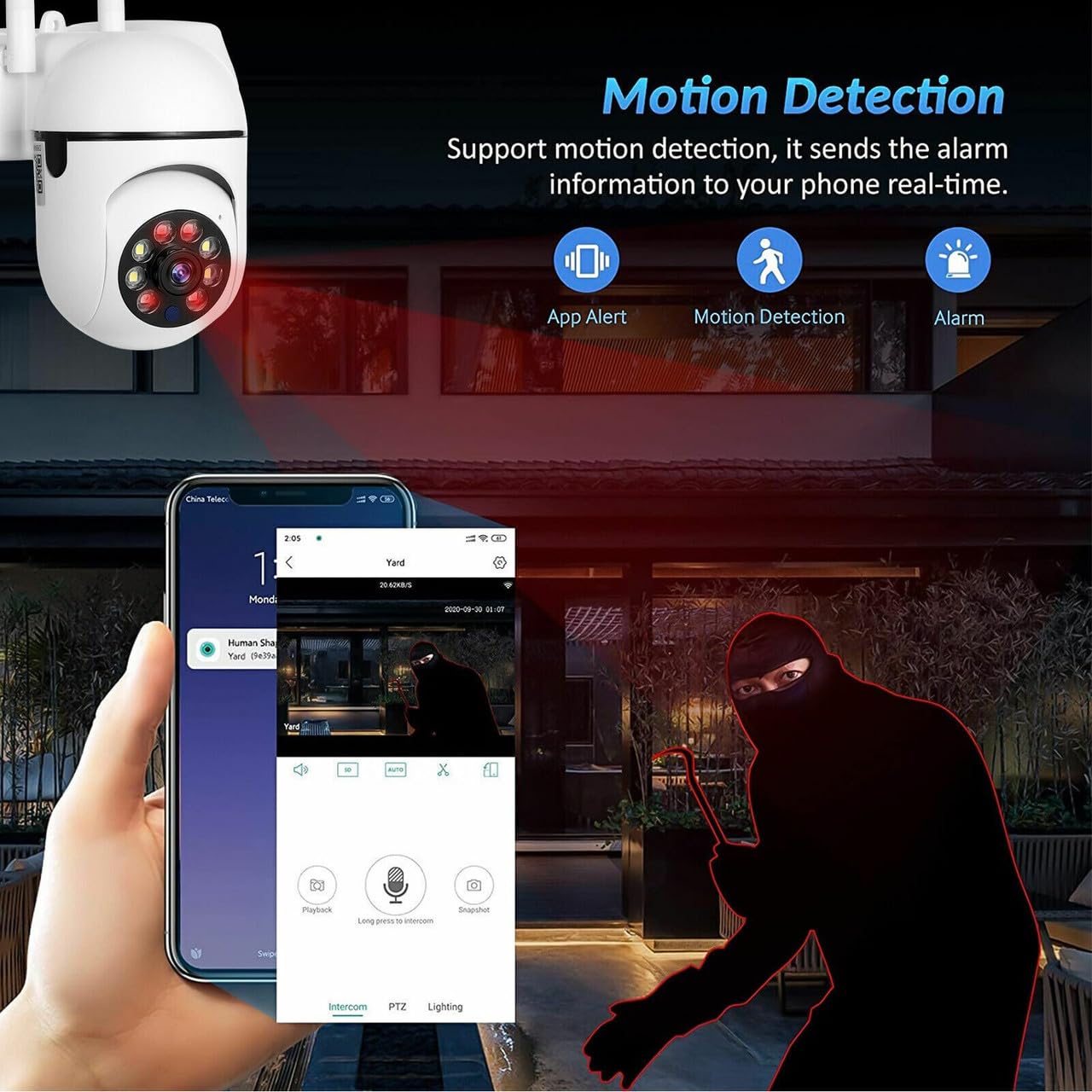 Smart Outdoor Security Camera, 2MP HD WiFi PTZ Camera with Color Night Vision, Two-Way Audio, Motion Detection, Mobile App Control, TF Card Storage