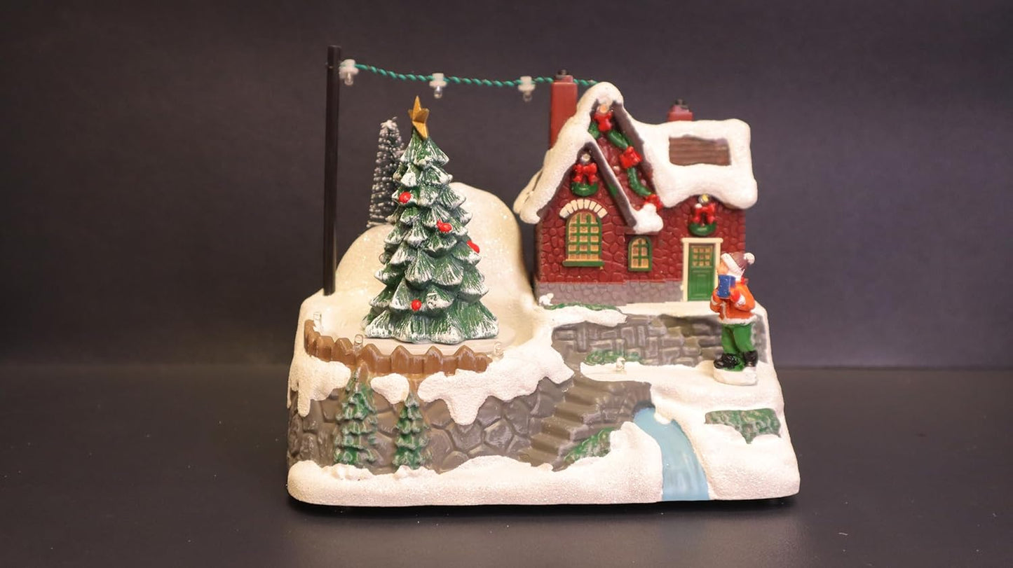 Christmas Village LED House Decoration, Snow-Covered Winter Scene with Christmas Tree, Resin Craft Holiday Display with String Lights