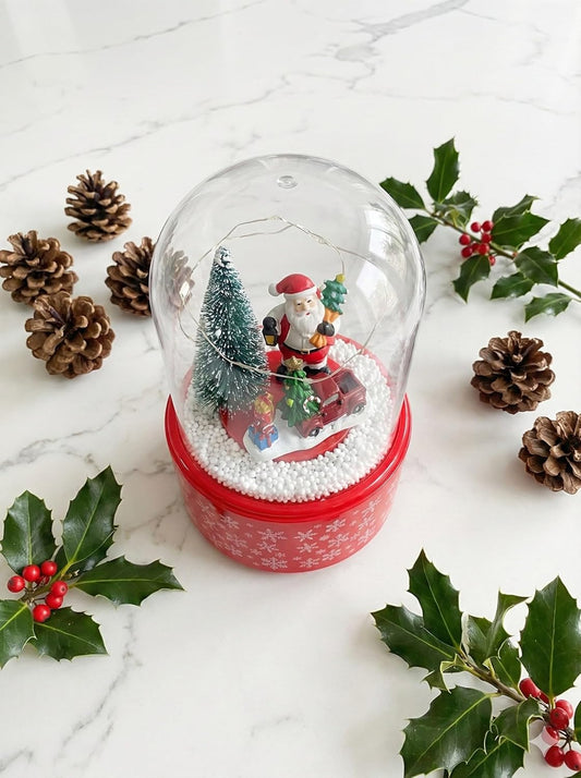 Christmas Santa Snow Globe with Red Vintage Truck, Glass Dome Holiday Decoration, Festive Snowflake Base, Winter Scene with Christmas Tree, Home Decor