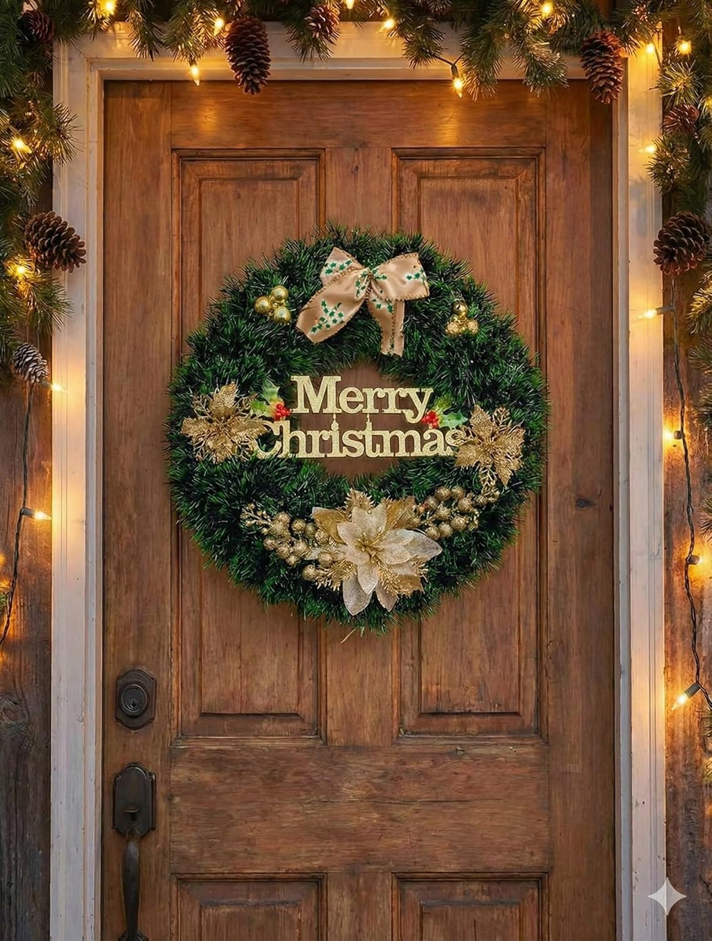 Festive Holiday Merry Christmas Wreath, Green Artificial Pine Garland, 14cm Diameter, PVC & PE Material, Gold Poinsettia Flowers and Ornaments, Door Wall Decor