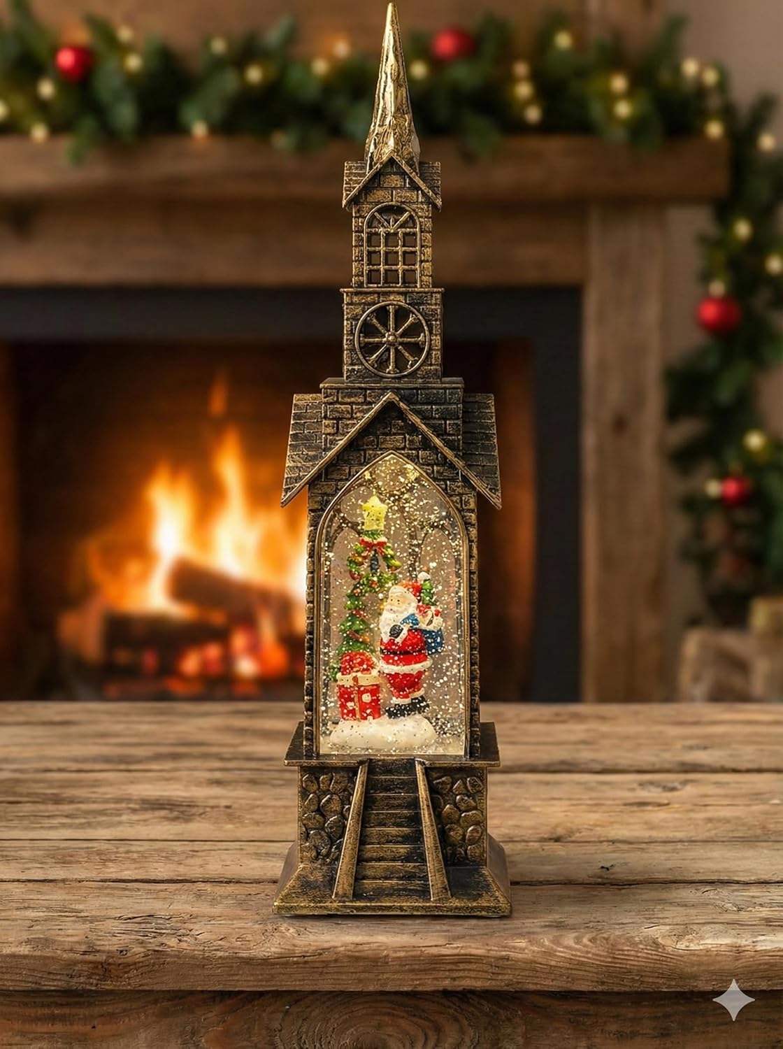 Vintage Christmas Snow Globe Church Tower, Antique Gold, Santa Claus and Christmas Tree Water Globe, Holiday Home Decoration, Winter Tabletop Decor