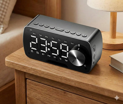Bluetooth Speaker with Digital Alarm Clock, LED Display, FM Radio, Dual Alarm, Temperature Display, Hands-Free Calling, TF Card Support, AUX Input, Rotary Volume Control, Black
