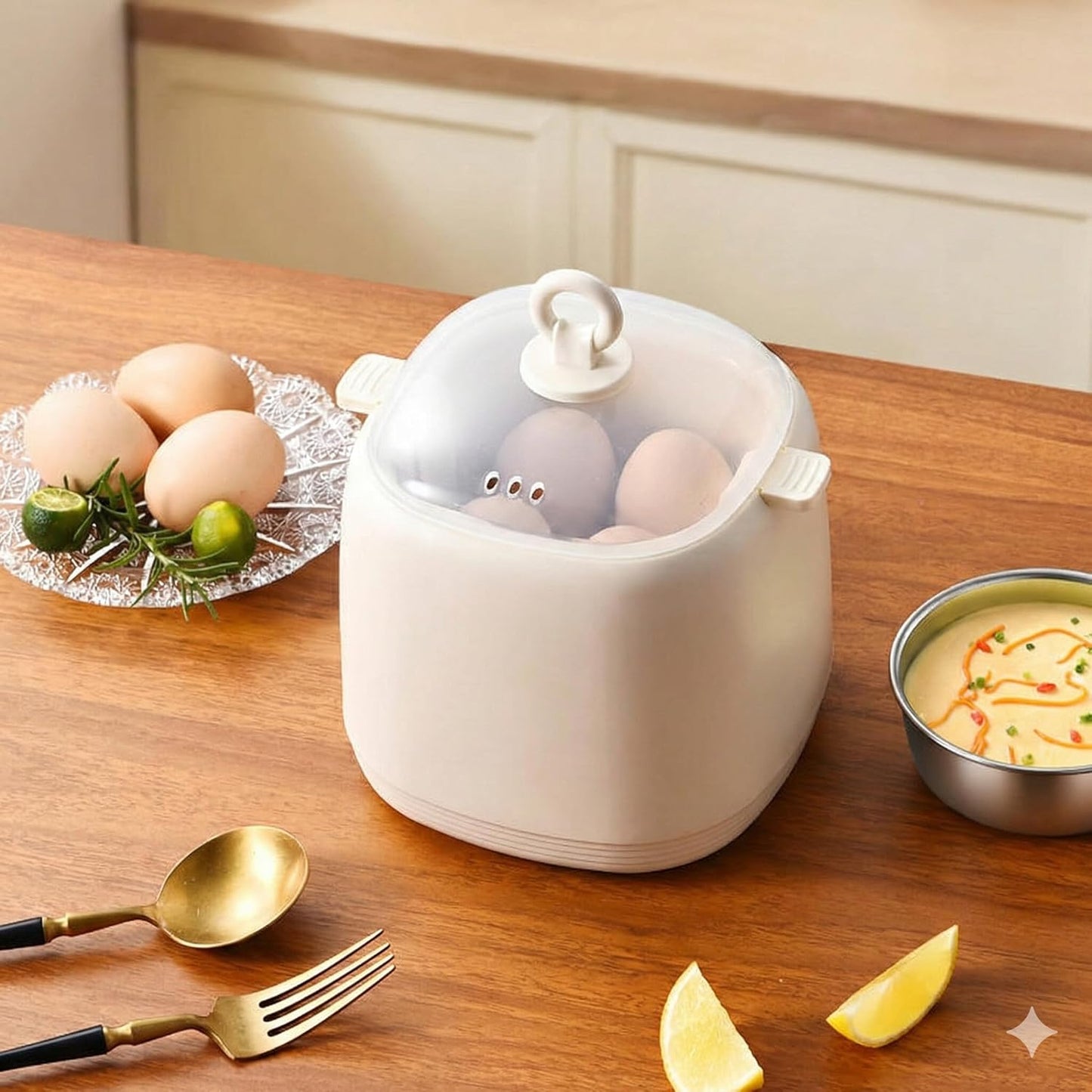 Smart Egg Cooker with Water-Insulated Technology, Compact Electric Egg Steamer, Beige, 1 Litre Capacity, Automatic Shutoff