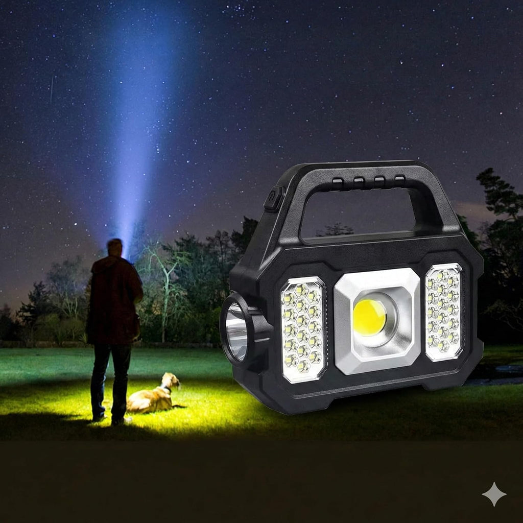 Multifunctional Portable LED Work Light with Solar Panel, Rechargeable Floodlight, Side Lights, Flashlight, USB Charging Ports, Black