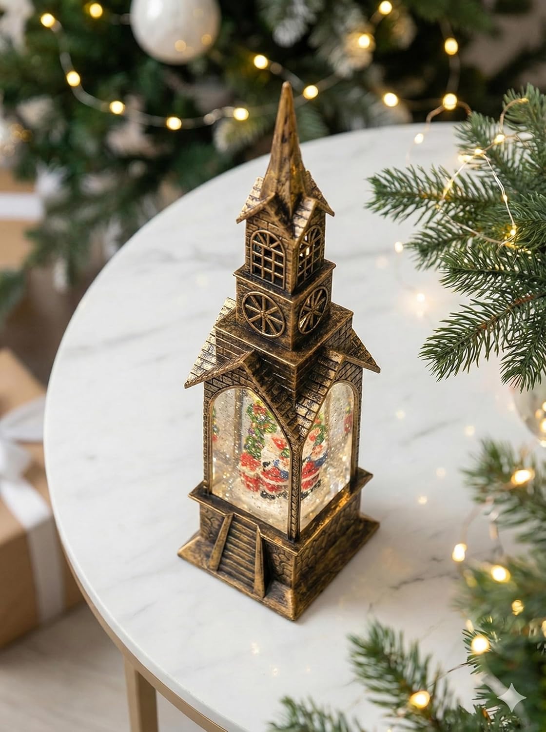Vintage Christmas Snow Globe Church Tower, Antique Gold, Santa Claus and Christmas Tree Water Globe, Holiday Home Decoration, Winter Tabletop Decor