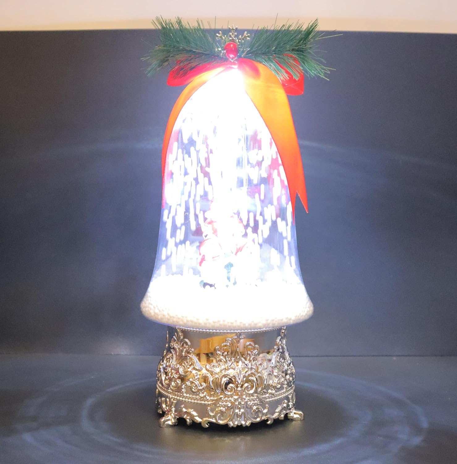 Christmas Musical Snow Globe with Santa and Snowman Scene, Glass Bell Dome with Silver Base, 30 x 14 cm, Holiday Decoration with Pine Sprig and Red Bow
