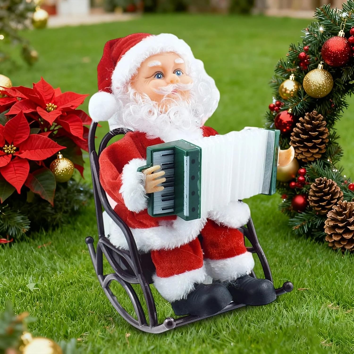 Musical Accordion Santa Claus Figurine, Christmas Decoration, Red and White, Plastic and Fabric, 24Cms, Rocking Chair Design, Plays Christmas Music