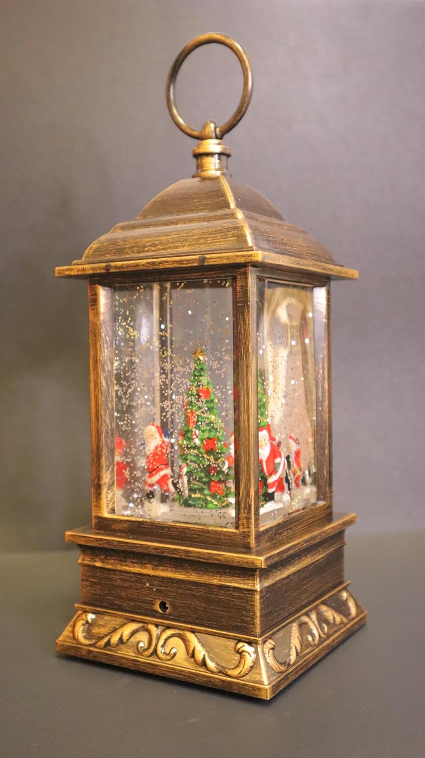 Vintage Christmas Snow Globe Lantern, Bronze Metal Frame with Santa and Tree Scene, Water Globe Decorative Light, 27 x 13.5 cm
