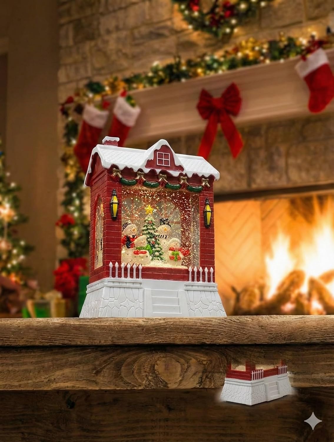 Christmas Crystal Ball Music Box, LED Light-Up Snow Globe House with Snowman Family, Battery-Powered Holiday Decoration, Red Brick Design with White Snow Roof