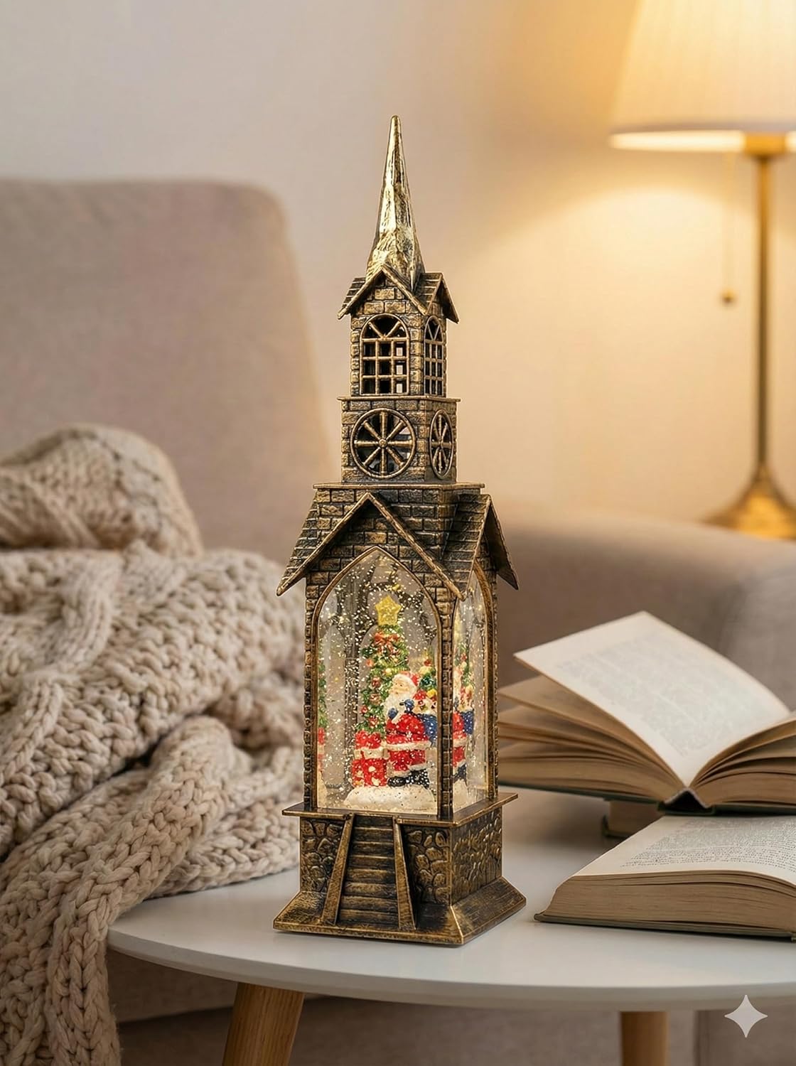 Vintage Christmas Snow Globe Church Tower, Antique Gold, Santa Claus and Christmas Tree Water Globe, Holiday Home Decoration, Winter Tabletop Decor