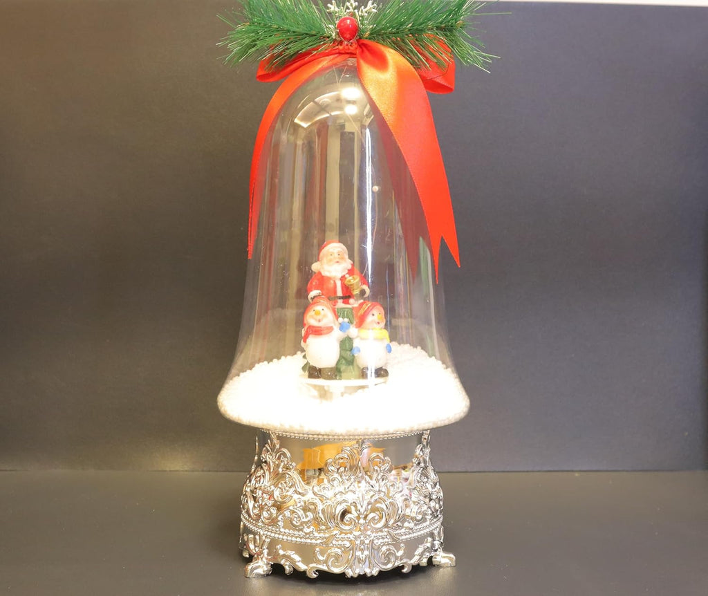 Christmas Musical Snow Globe with Santa and Snowman Scene, Glass Bell Dome with Silver Base, 30 x 14 cm, Holiday Decoration with Pine Sprig and Red Bow