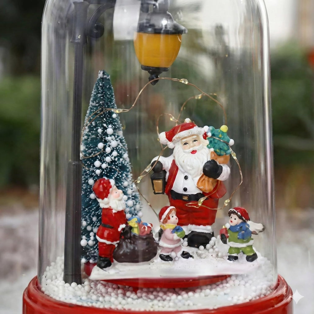 Christmas Musical Snow Globe with LED Light, Santa Claus Scene, Illuminated Lamp Post, Snowflake Base, Battery Operated, Holiday Decoration