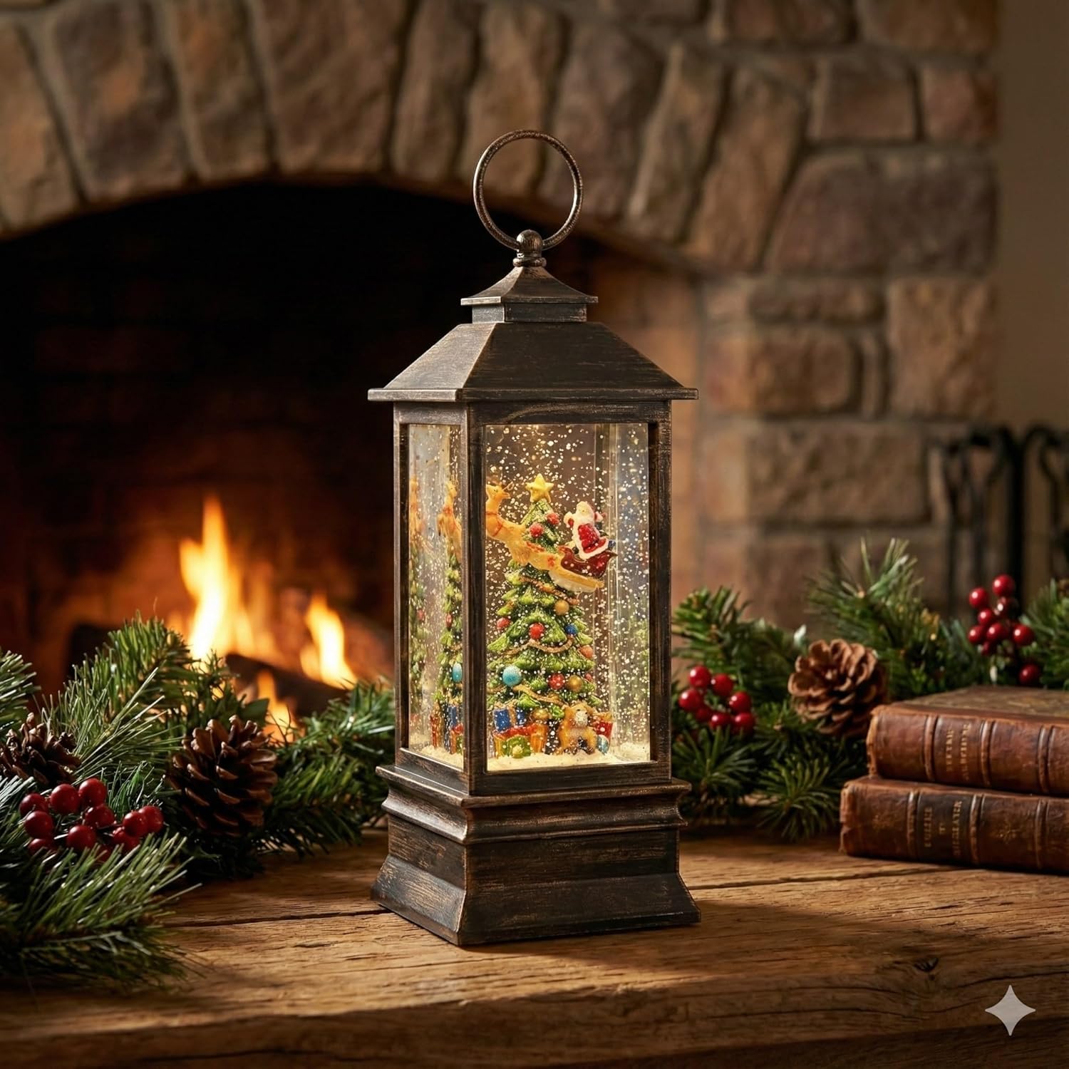Christmas Snow Globe Lantern, Vintage Bronze LED Light with Santa and Tree Scene, Battery or USB Powered, Holiday Home Decoration