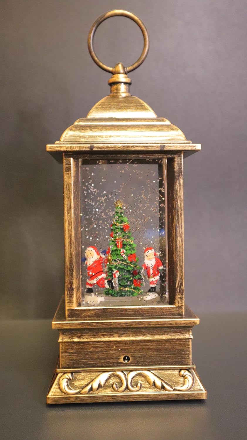 Vintage Christmas Snow Globe Lantern, Bronze Metal Frame with Santa and Tree Scene, Water Globe Decorative Light, 27 x 13.5 cm