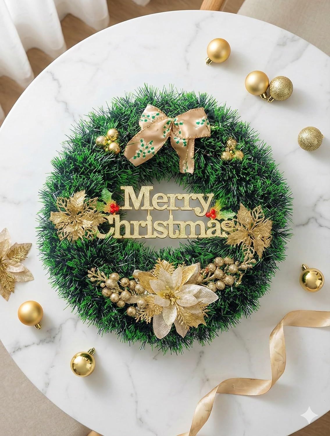 Festive Holiday Merry Christmas Wreath, Green Artificial Pine Garland, 14cm Diameter, PVC & PE Material, Gold Poinsettia Flowers and Ornaments, Door Wall Decor