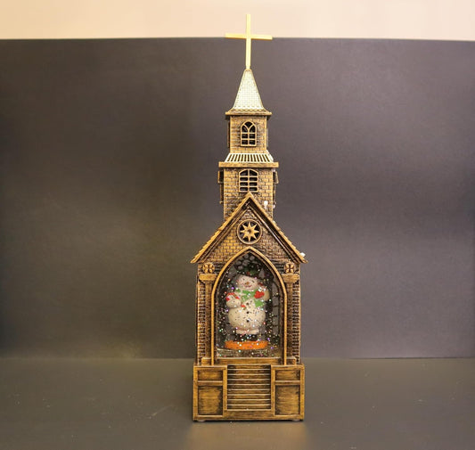 Christmas Church Snow Globe Lantern, Gothic Cathedral Design with Snowman Display, Bronze Finish, 28 x 8 cm, Religious Holiday Decor