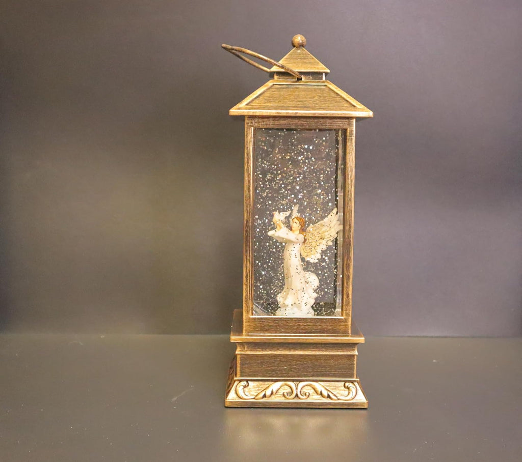 Christmas Musical Snow Globe Lantern, LED Angel Design, Gold Antique Finish, 31x13 cm, Battery/USB Powered, Water Globe with Falling Snow Effect and Music Box