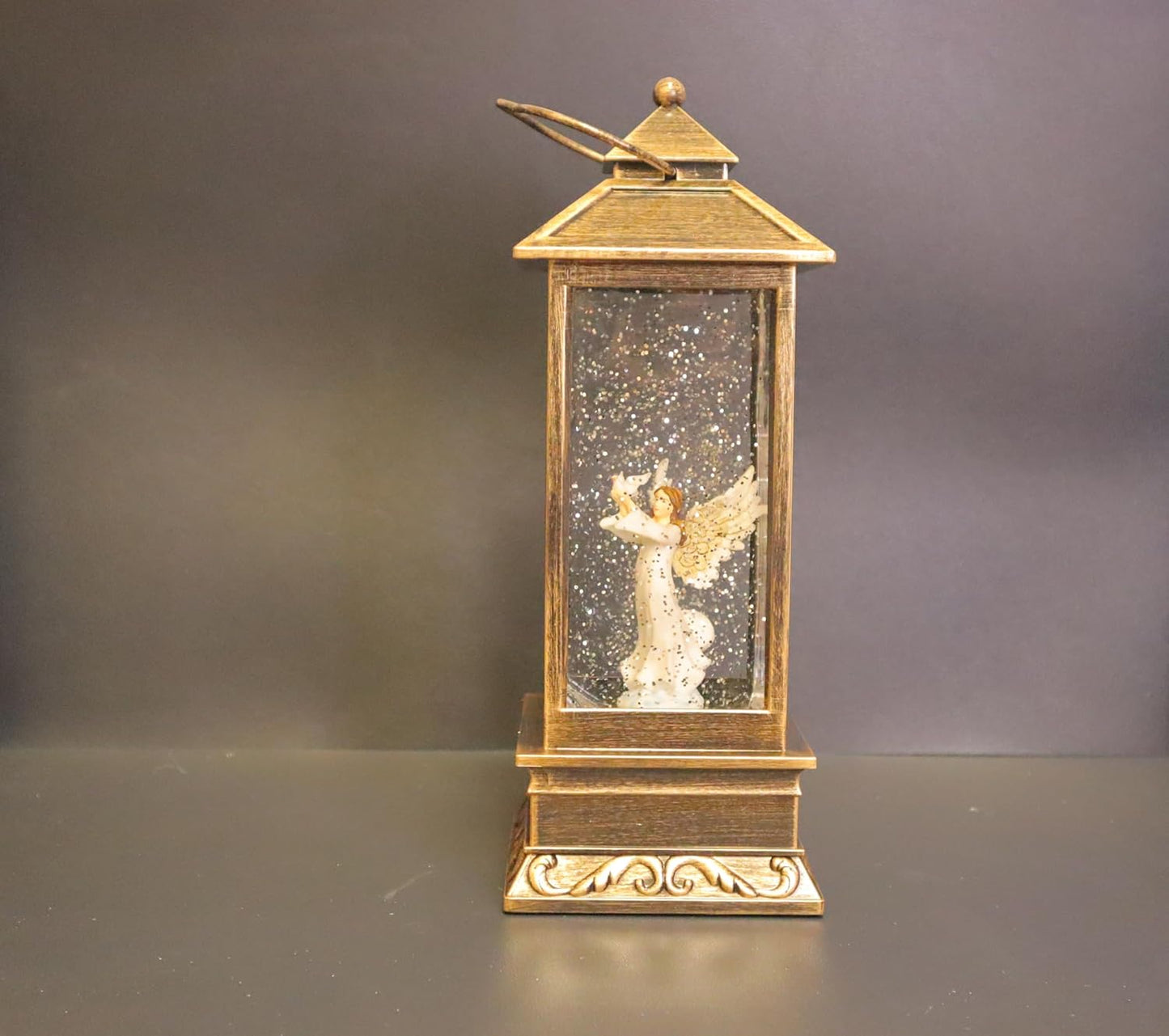 Christmas Musical Snow Globe Lantern, LED Angel Design, Gold Antique Finish, 31x13 cm, Battery/USB Powered, Water Globe with Falling Snow Effect and Music Box