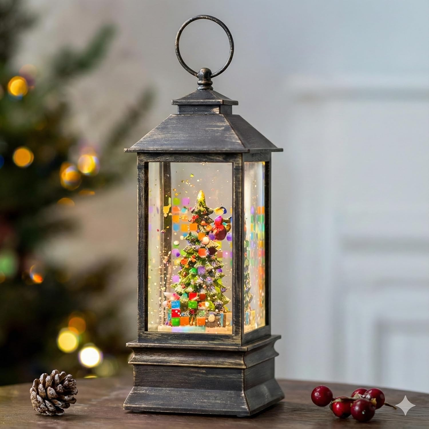 Christmas Snow Globe Lantern, Vintage Bronze LED Light with Santa and Tree Scene, Battery or USB Powered, Holiday Home Decoration