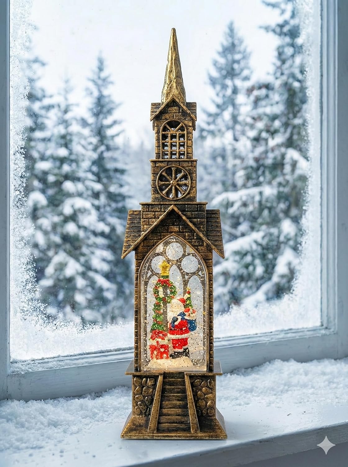 Vintage Christmas Snow Globe Church Tower, Antique Gold, Santa Claus and Christmas Tree Water Globe, Holiday Home Decoration, Winter Tabletop Decor
