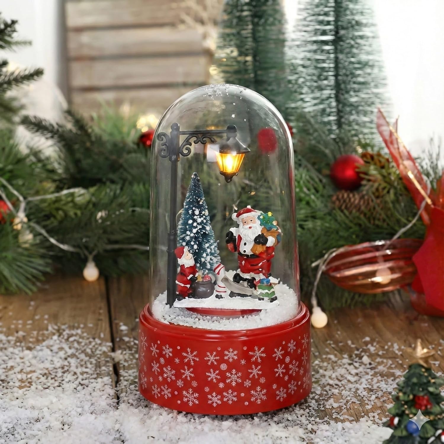 Christmas Musical Snow Globe with LED Light, Santa Claus Scene, Illuminated Lamp Post, Snowflake Base, Battery Operated, Holiday Decoration