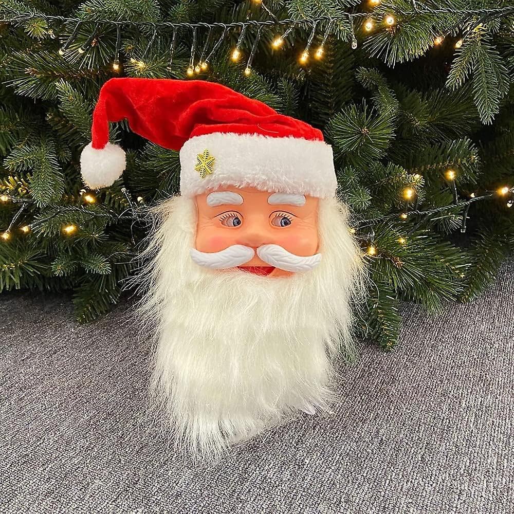 Electric Musical Santa Claus Head with Moving Eyes and Cap, Battery Operated Christmas Decoration, Plays Jingle Bell Song, 28x13x20cm, Red and White