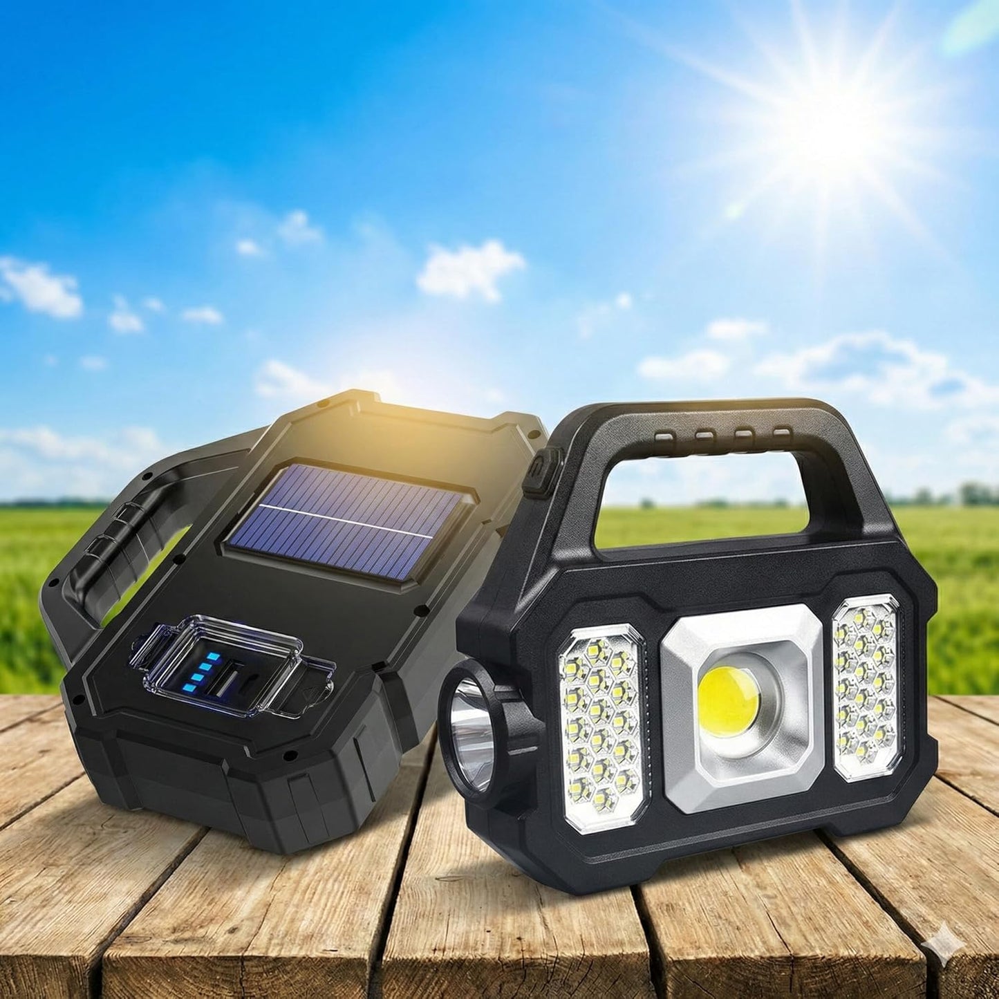 Multifunctional Portable LED Work Light with Solar Panel, Rechargeable Floodlight, Side Lights, Flashlight, USB Charging Ports, Black