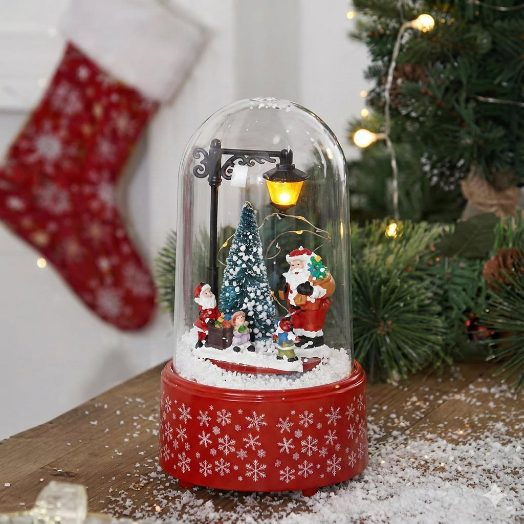Christmas Musical Snow Globe with LED Light, Santa Claus Scene, Illuminated Lamp Post, Snowflake Base, Battery Operated, Holiday Decoration