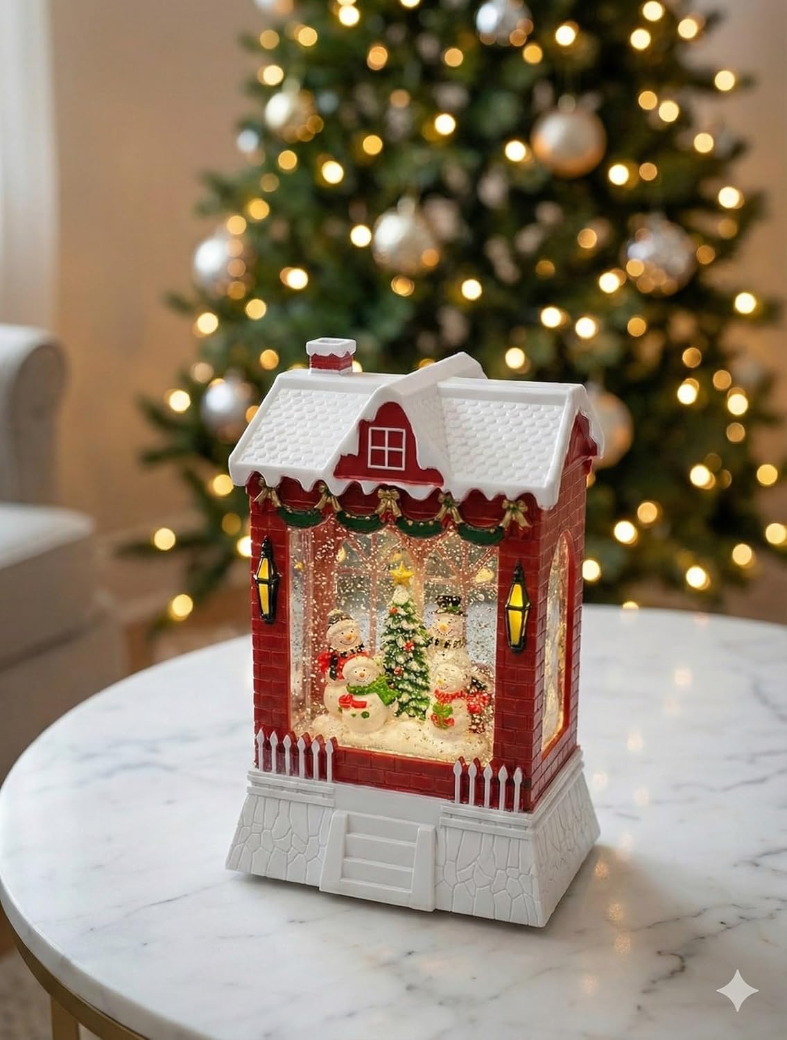 Christmas Crystal Ball Music Box, LED Light-Up Snow Globe House with Snowman Family, Battery-Powered Holiday Decoration, Red Brick Design with White Snow Roof