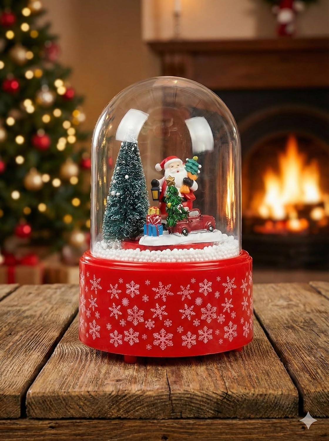 Christmas Santa Snow Globe with Red Vintage Truck, Glass Dome Holiday Decoration, Festive Snowflake Base, Winter Scene with Christmas Tree, Home Decor