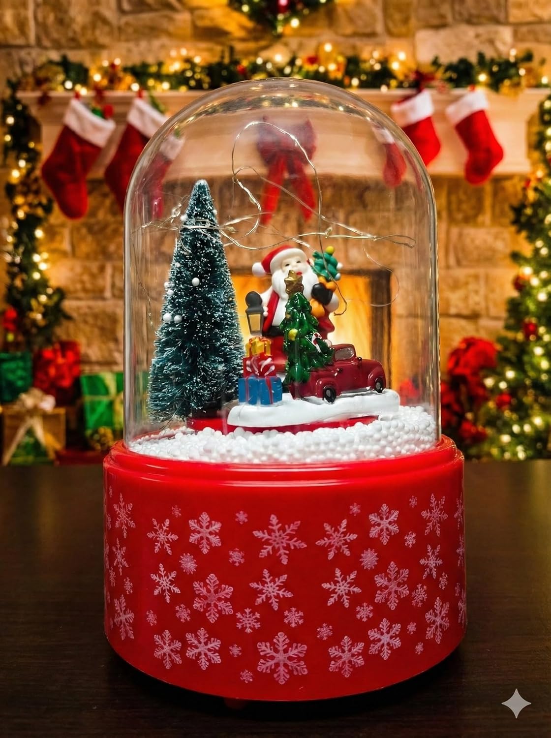 Christmas Santa Snow Globe with Red Vintage Truck, Glass Dome Holiday Decoration, Festive Snowflake Base, Winter Scene with Christmas Tree, Home Decor