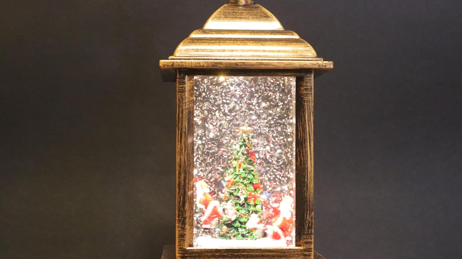 Vintage Christmas Snow Globe Lantern, Bronze Metal Frame with Santa and Tree Scene, Water Globe Decorative Light, 27 x 13.5 cm