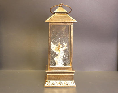Christmas Musical Snow Globe Lantern, LED Angel Design, Gold Antique Finish, 31x13 cm, Battery/USB Powered, Water Globe with Falling Snow Effect and Music Box