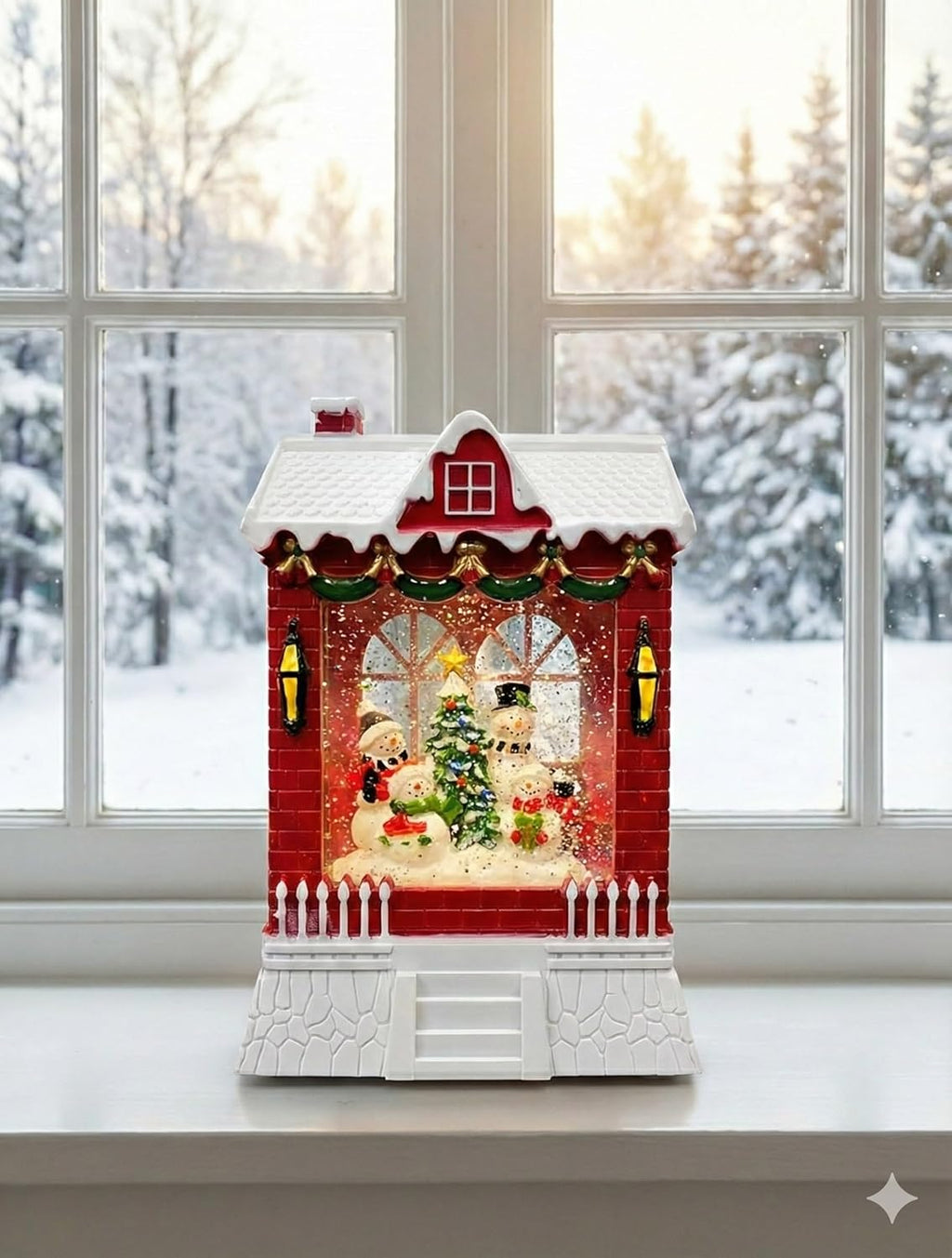 Christmas Crystal Ball Music Box, LED Light-Up Snow Globe House with Snowman Family, Battery-Powered Holiday Decoration, Red Brick Design with White Snow Roof