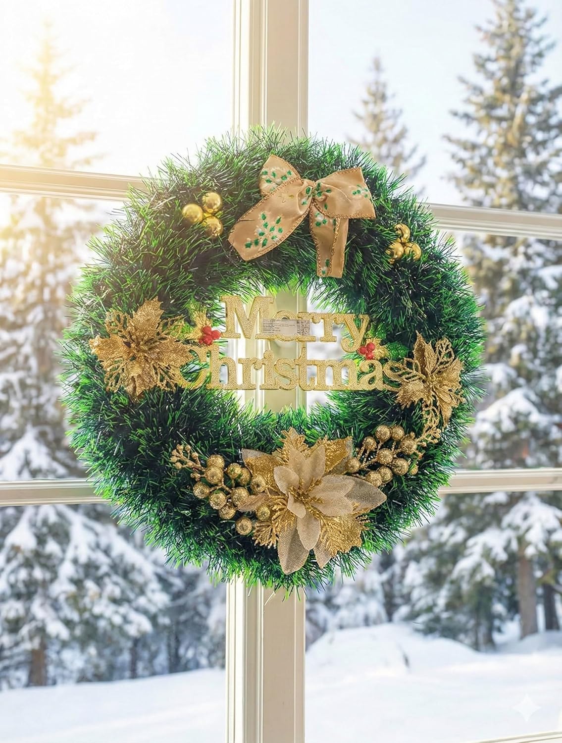 Festive Holiday Merry Christmas Wreath, Green Artificial Pine Garland, 14cm Diameter, PVC & PE Material, Gold Poinsettia Flowers and Ornaments, Door Wall Decor