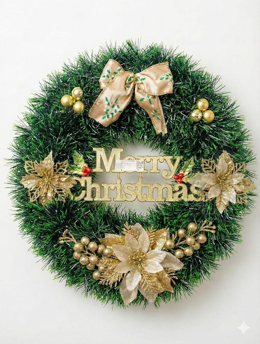 Festive Holiday Merry Christmas Wreath, Green Artificial Pine Garland, 14cm Diameter, PVC & PE Material, Gold Poinsettia Flowers and Ornaments, Door Wall Decor
